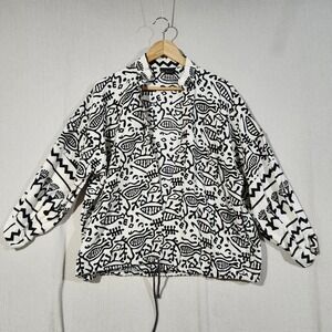 VTG Ann Maurice Women Black White Abstract Fish Tribal Print Open Front Jacket L